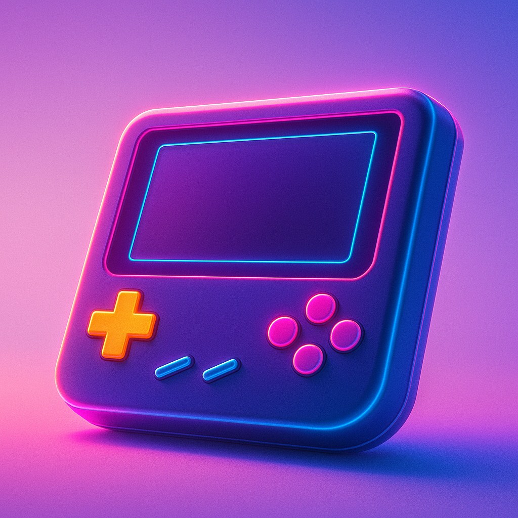 ArcadeForge hero: stylized handheld arcade with neon glow